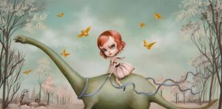 Il mondo da favola del Pop Surrealismo di Mab Graves, tra foreste incantate e un immaginario ritorno alla preistoria blue and the brontosaur