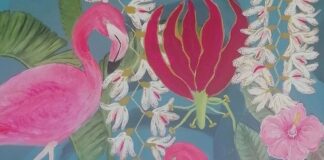 I sogni floreali di Petra Mörth, tra ricordi di viaggio e atmosfere retrò in un un’Art Nouveau leggera e vivace flamingos paradise