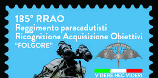 Francobollo celebrativo del 185° Reggimento Paracadutisti Ricognizione Acquisizione Obiettivi “Folgore”