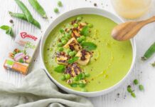 Crema di piselli con halloumi grigliato e menta: ricetta leggera e gustosa crema di piselli