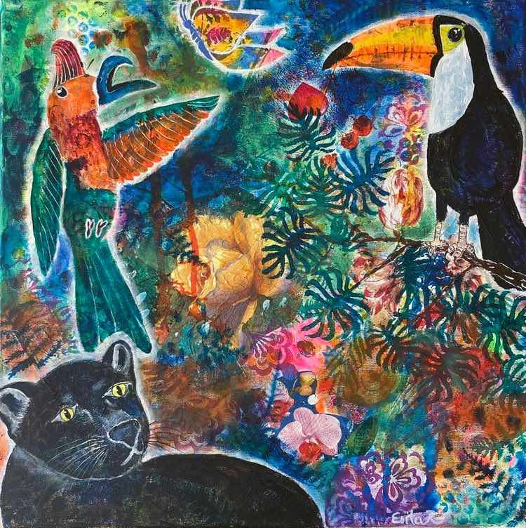 Dialog v džungli50x50 cmMixmédia na plátněCena: 5 600 Kč