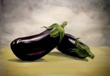 La declinazione Metafisica della Natura Morta nel Realismo ad acquarello di Anna Galea AUBERGINES in SUMMER, 36x48cm W/C 2020