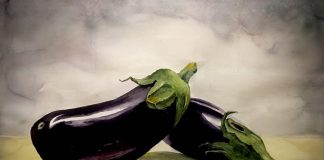 La declinazione Metafisica della Natura Morta nel Realismo ad acquarello di Anna Galea AUBERGINES in SUMMER, 36x48cm W/C 2020
