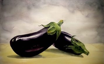 La declinazione Metafisica della Natura Morta nel Realismo ad acquarello di Anna Galea AUBERGINES in SUMMER, 36x48cm W/C 2020